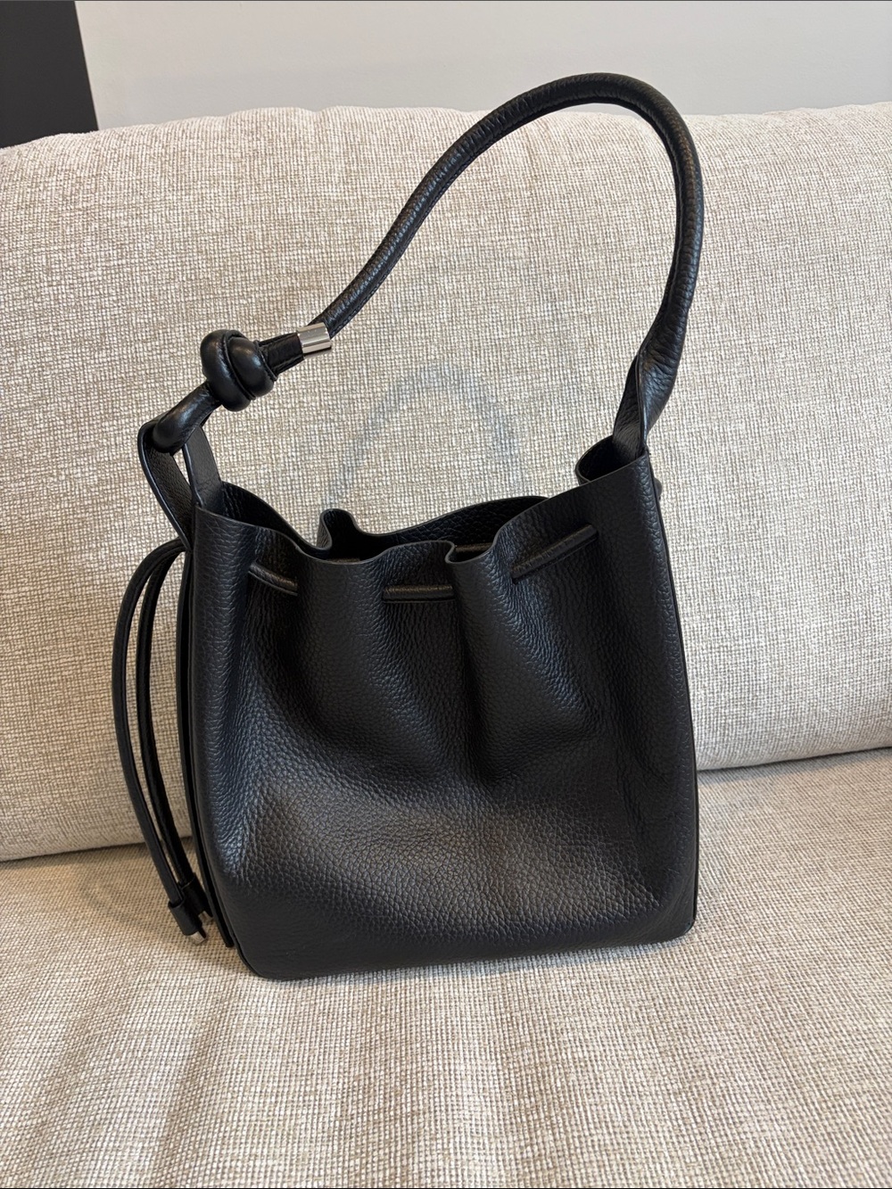 Behno Black Pebbled Leather Drawstring Shoulder Bag